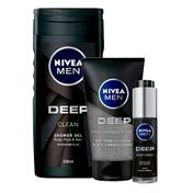 Kit-Gel-de-Banho-Nivea-Men-Deep-Clean-250ml---Esfoliante-Facial-Nivea-Deep-Men-75ml---Hidratante-Facial-Nivea-Men-Deep-Moisturiser-50ml
