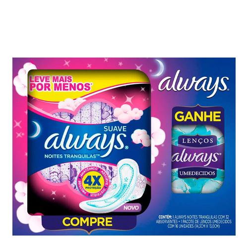 Kit Absorvente Always Noites Tranquilas Suave 32 Unidades + Lenços Umedecidos 16 Unidades Kit Absorvente Always Noites Tranquilas Suave 32 Unidades + Lenços Umedecidos 16 Unidades