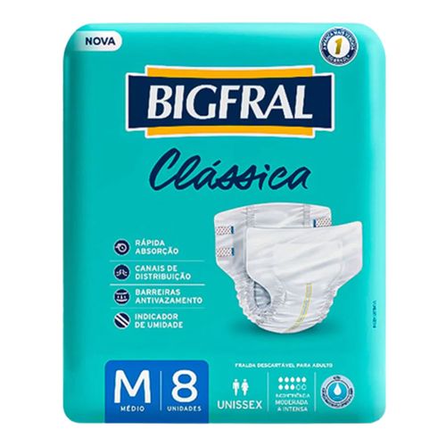 Fralda Geriátrica Bigfral Clássica - Tamanho M - 8 Unidades Fralda Geriátrica Bigfral Clássica - Tamanho M - 8 Unidades