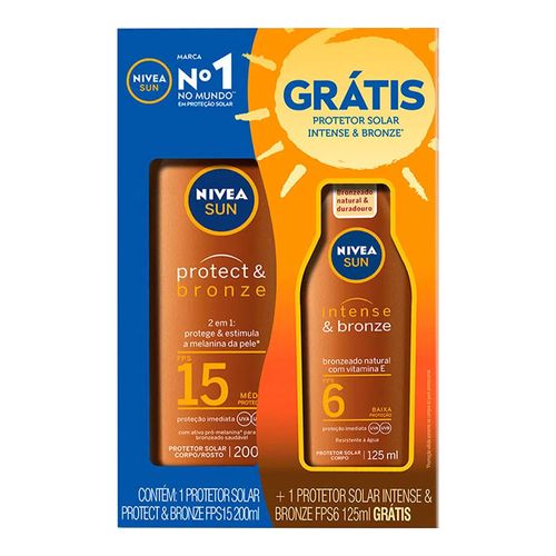 Kit Protetor Solar Nívea Sun Protec - Bronze FPS15 200ml + Intense - Bronze FPS6 125ml Kit Protetor Solar Nívea Sun Protec - Bronze FPS15 200ml + Intense - Bronze FPS6 125ml
