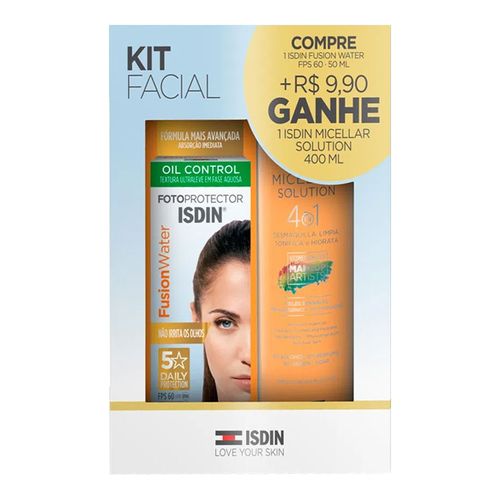 Kit Protetor Solar ISDIN Fusion Water FPS60 50ml + Solução Micelar 400ml Kit Protetor Solar ISDIN Fusion Water FPS60 50ml + Solução Micelar 400ml