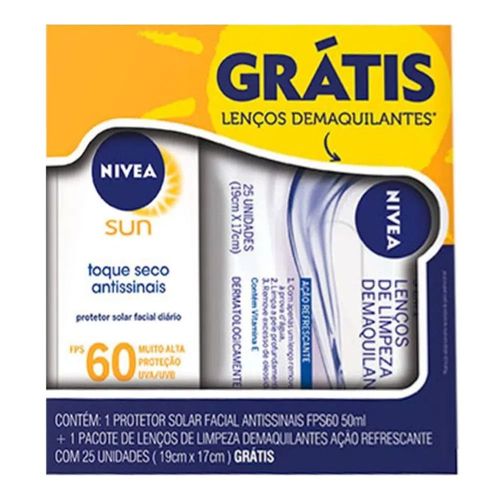 Kit Nivea Protetor Solar Facial Antissinais FPS 60 50ml Grátis Lenços Demaquilantes 25 Unidades Kit Nivea Protetor Solar Facial Antissinais FPS 60 50ml Grátis Lenços Demaquilantes 25 Unidades