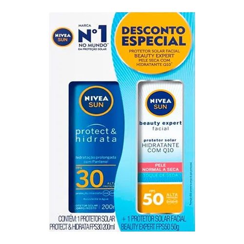 Kit Nivea Protetor Solar Protect&Hidrata FPS30 200ml + Protetor Facial Beatuy Expert FPS50 50g Kit Nivea Protetor Solar Protect&Hidrata FPS30 200ml + Protetor Facial Beatuy Expert FPS50 50g